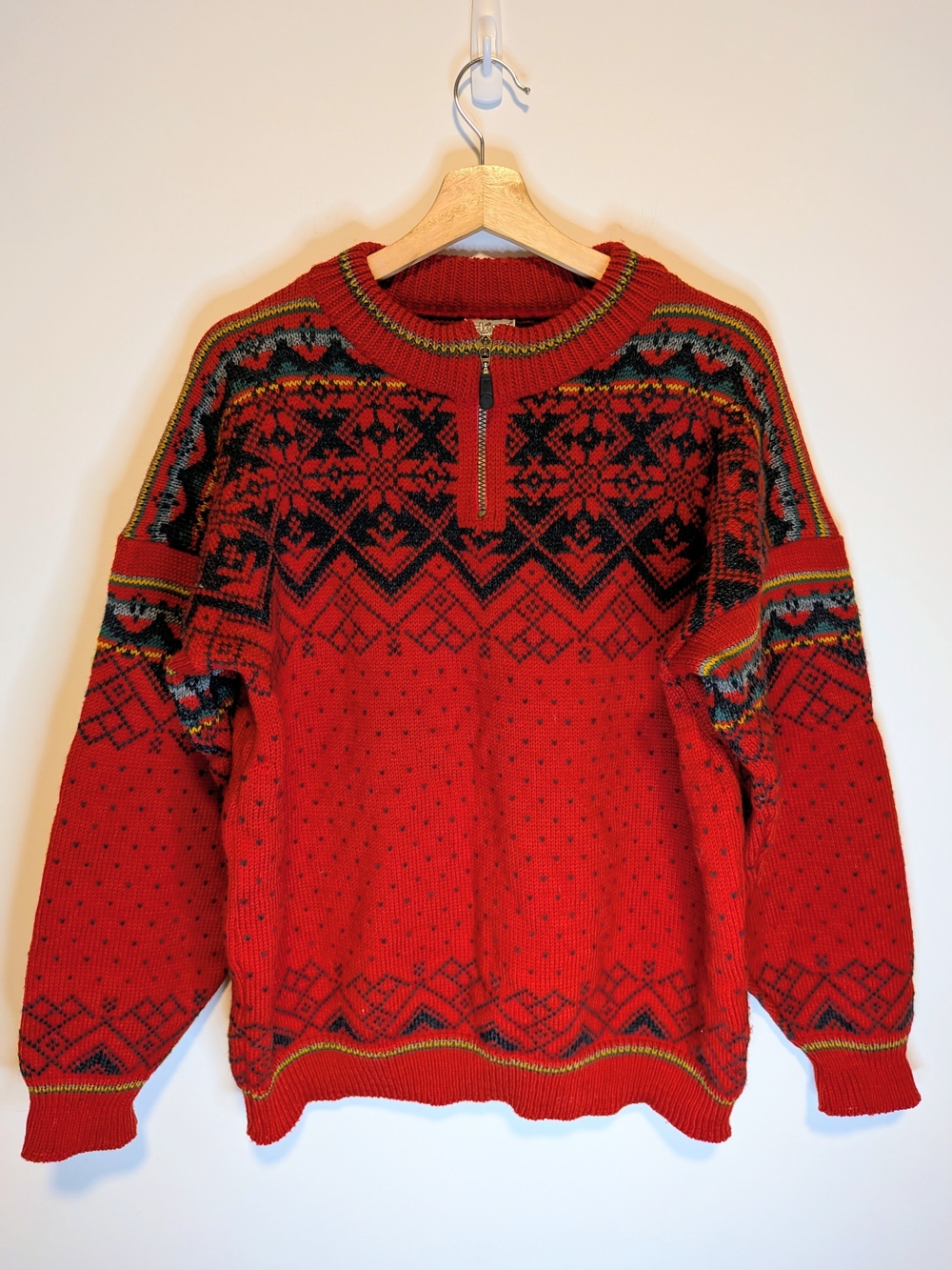 Vintage Idena Norway Wool Ski Sweater Red Nordic Quarter Zip